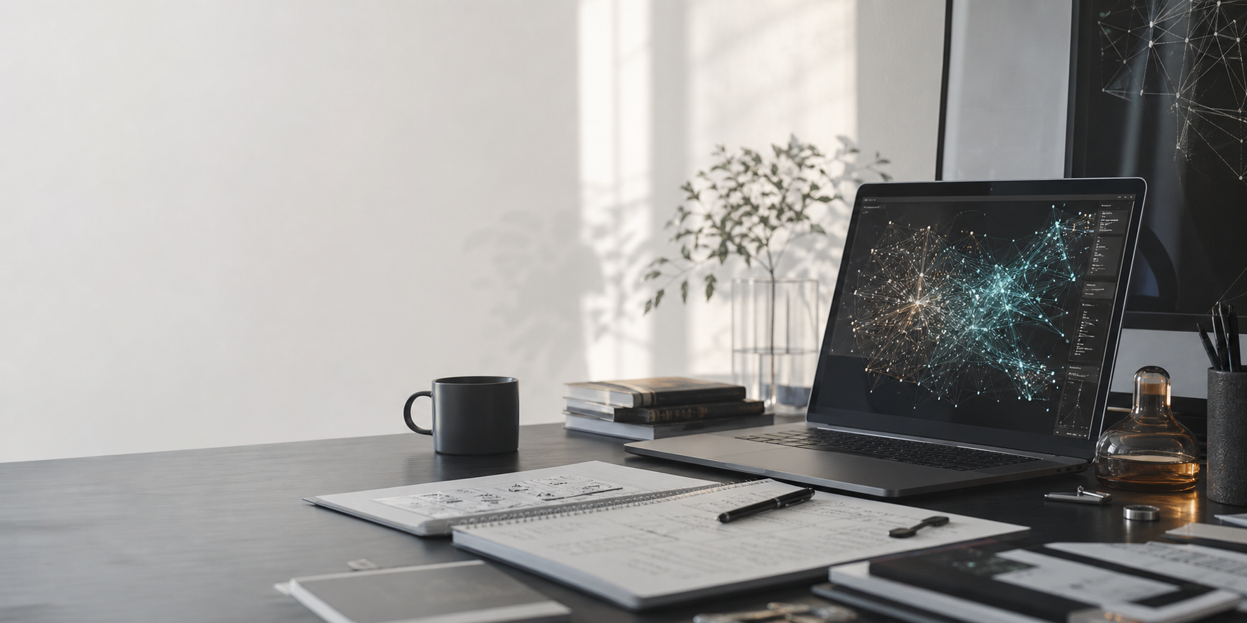 A calm AI research workspace with a laptop and technical notes